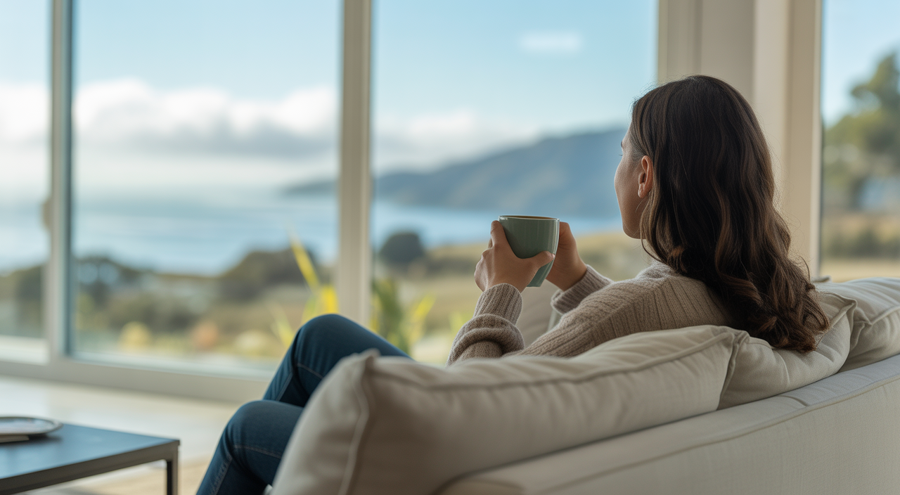 A sparkling clean, modern living room with a person relaxing, representing stress-free living in Santa Cruz.
