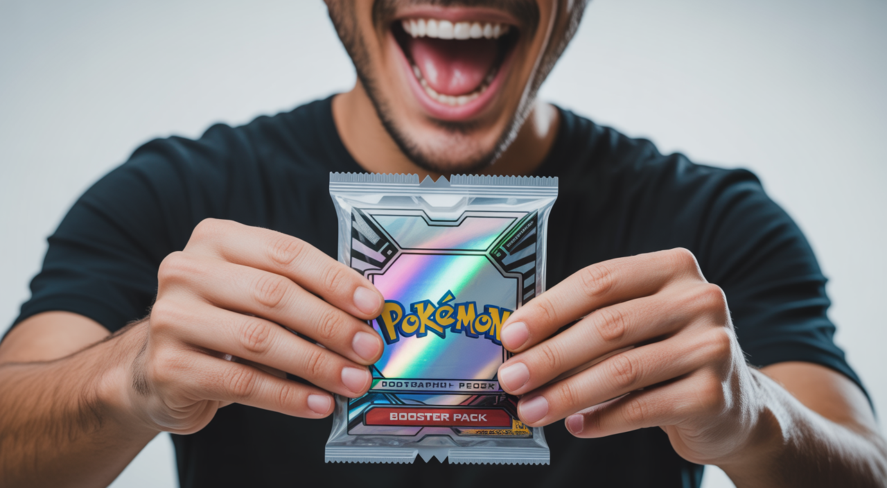 Hands opening a Pokemon booster pack, revealing a rare holographic card.