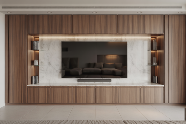 Luxury media wall in a modern living room with a large integrated television, sleek design, and hidden storage for home entertainment.