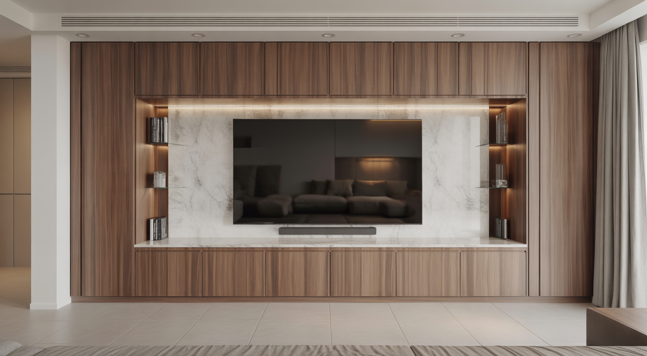 Luxury media wall in a modern living room with a large integrated television, sleek design, and hidden storage for home entertainment.