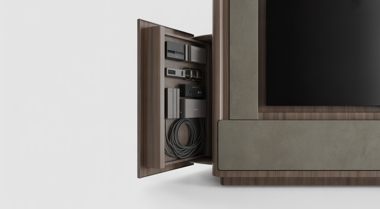 Luxurious bespoke media wall with integrated television, sleek storage, and elegant design