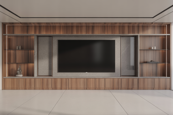 Wide shot of a modern luxury media wall in a living room with a flush-mounted TV and integrated storage