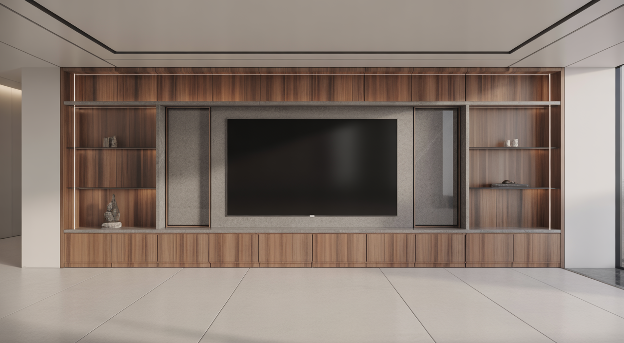 Wide shot of a modern luxury media wall in a living room with a flush-mounted TV and integrated storage