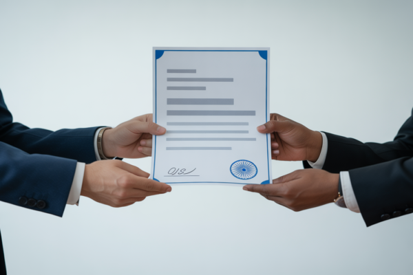 Two business people exchanging a document, symbolizing compliance for import into the Indian market.