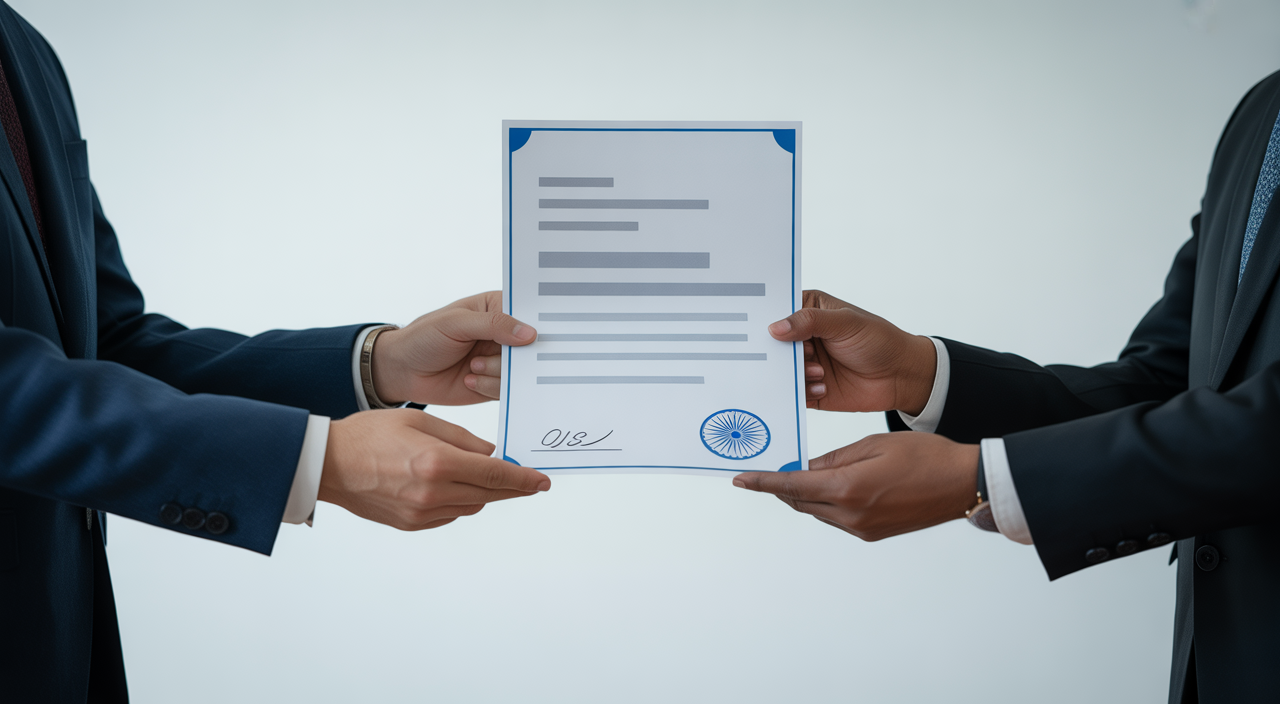 Two business people exchanging a document, symbolizing compliance for import into the Indian market.