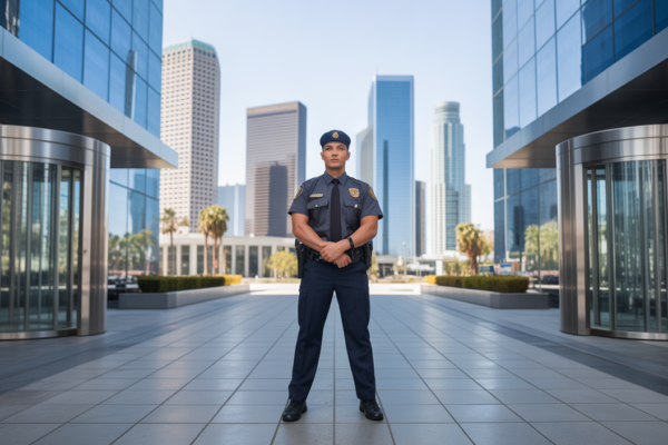 Professional security guard standing guard at the entrance of a modern corporate building in downtown Los Angeles