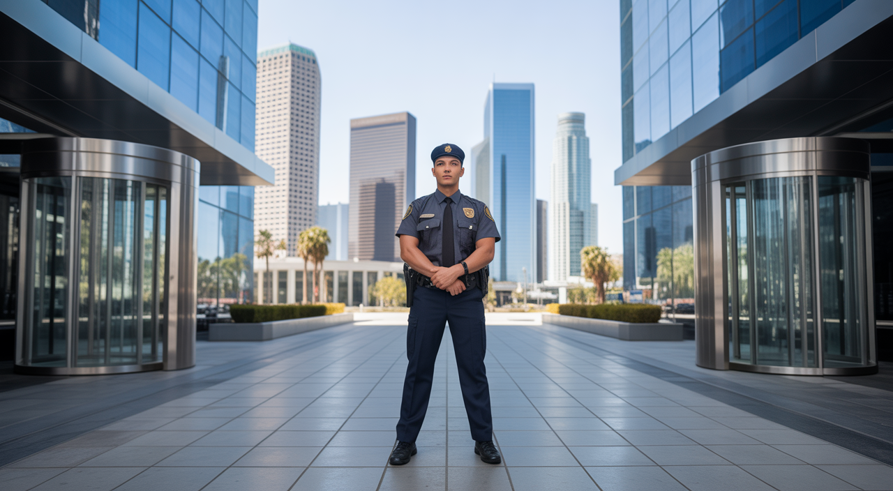 Professional security guard standing guard at the entrance of a modern corporate building in downtown Los Angeles