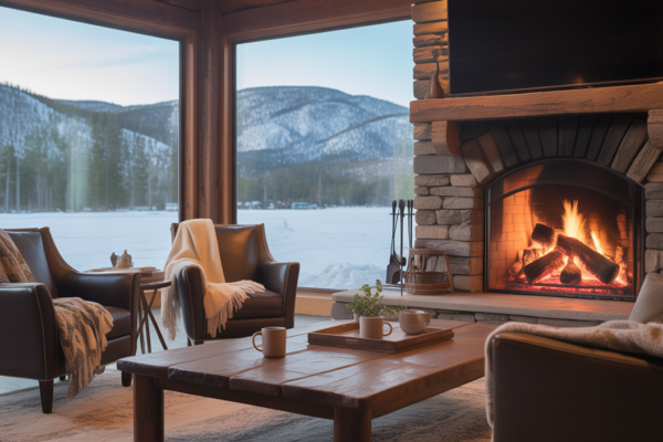 Romantic cabin living room with a stone fireplace and snowy mountain views of Big Bear Lake.