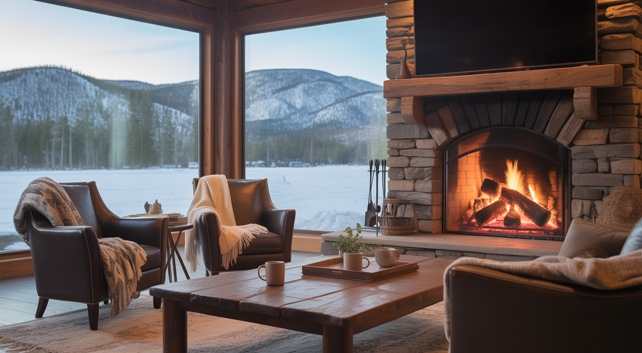 Romantic cabin living room with a stone fireplace and snowy mountain views of Big Bear Lake.