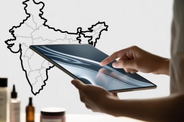 Hands interacting with a digital tablet displaying a simplified process, with blurred cosmetic products and a map of India in the background, symbolizing regulatory compliance.