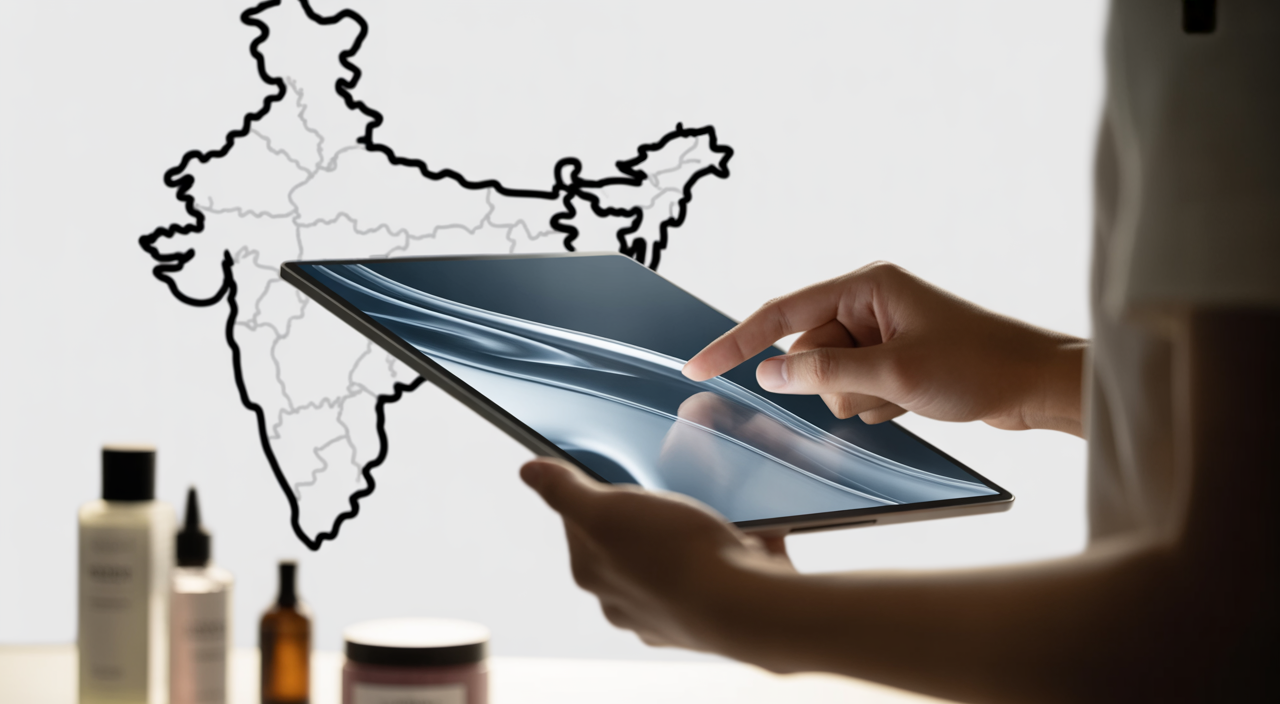 Hands interacting with a digital tablet displaying a simplified process, with blurred cosmetic products and a map of India in the background, symbolizing regulatory compliance.