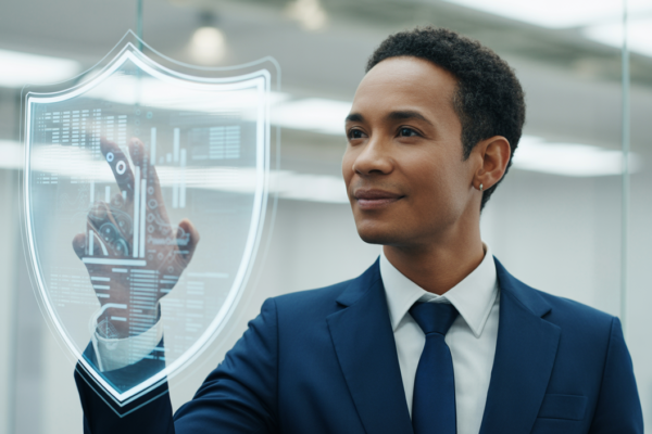Small business owner confidently overseeing digital security, representing cybersecurity protection and peace of mind.