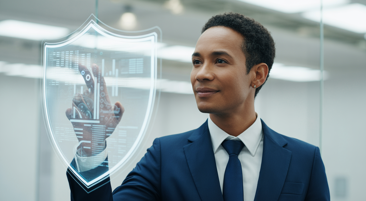 Small business owner confidently overseeing digital security, representing cybersecurity protection and peace of mind.