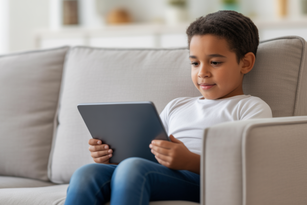 Diverse young adolescent engaged in telehealth therapy on a tablet at home, highlighting accessible mental health support in the Bronx.