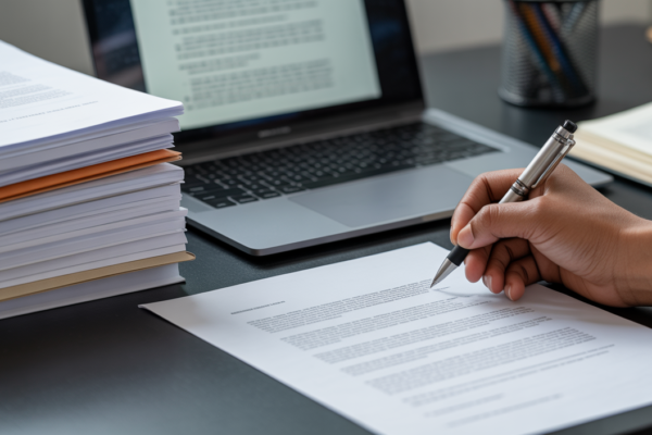 Professional academic research desk with hand editing a literature review document.