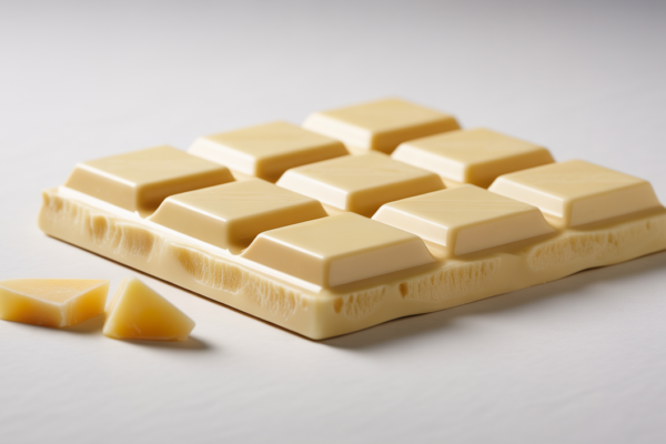 Luxurious artisanal white chocolate bar with pure cocoa butter on a pristine white background.