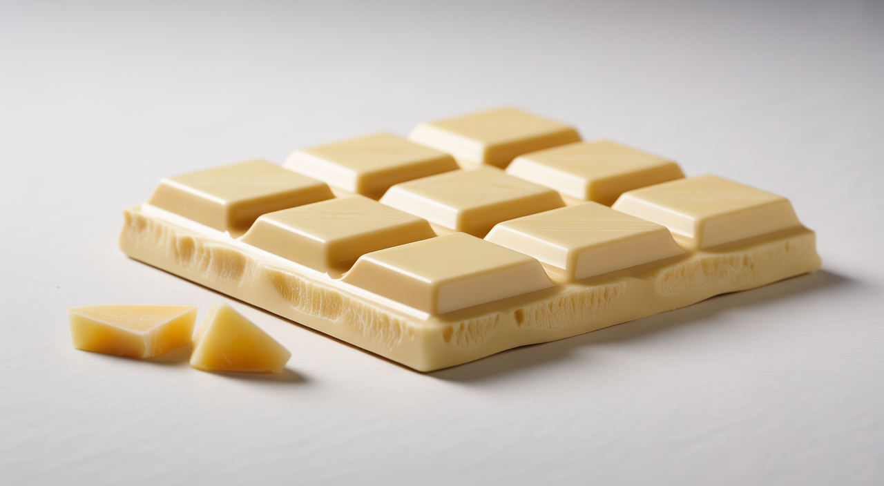 Luxurious artisanal white chocolate bar with pure cocoa butter on a pristine white background.