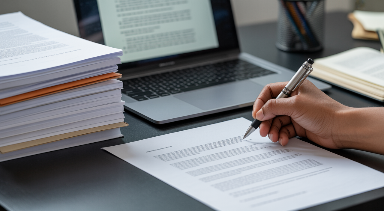Professional academic research desk with hand editing a literature review document.
