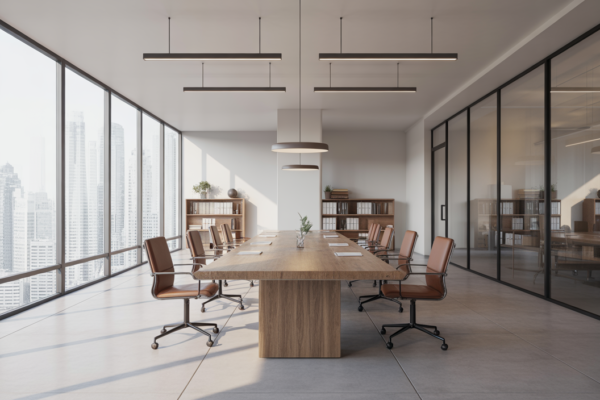 Photorealistic modern commercial office interior with minimalist design and natural light on a clean white background