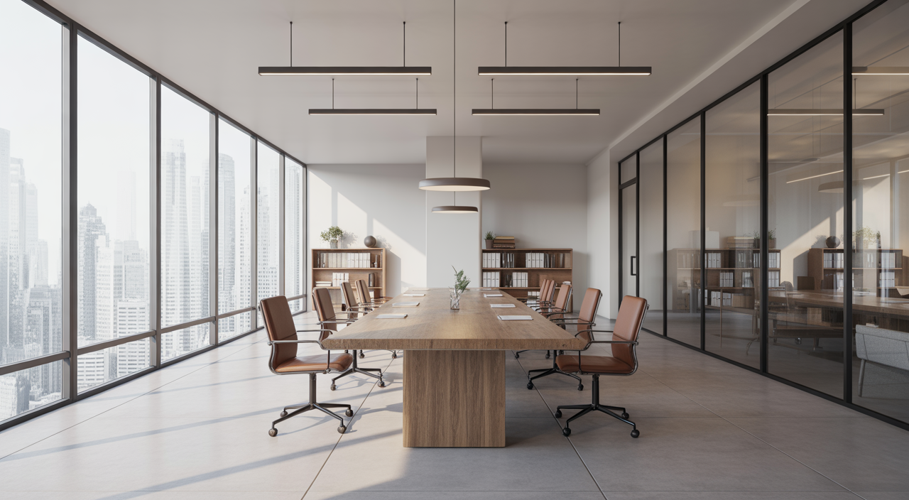 Photorealistic modern commercial office interior with minimalist design and natural light on a clean white background