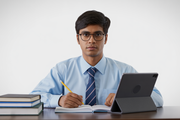 Indian student focused on preparation for SAT and ACT exams with study materials and digital tablet in a bright studio setting
