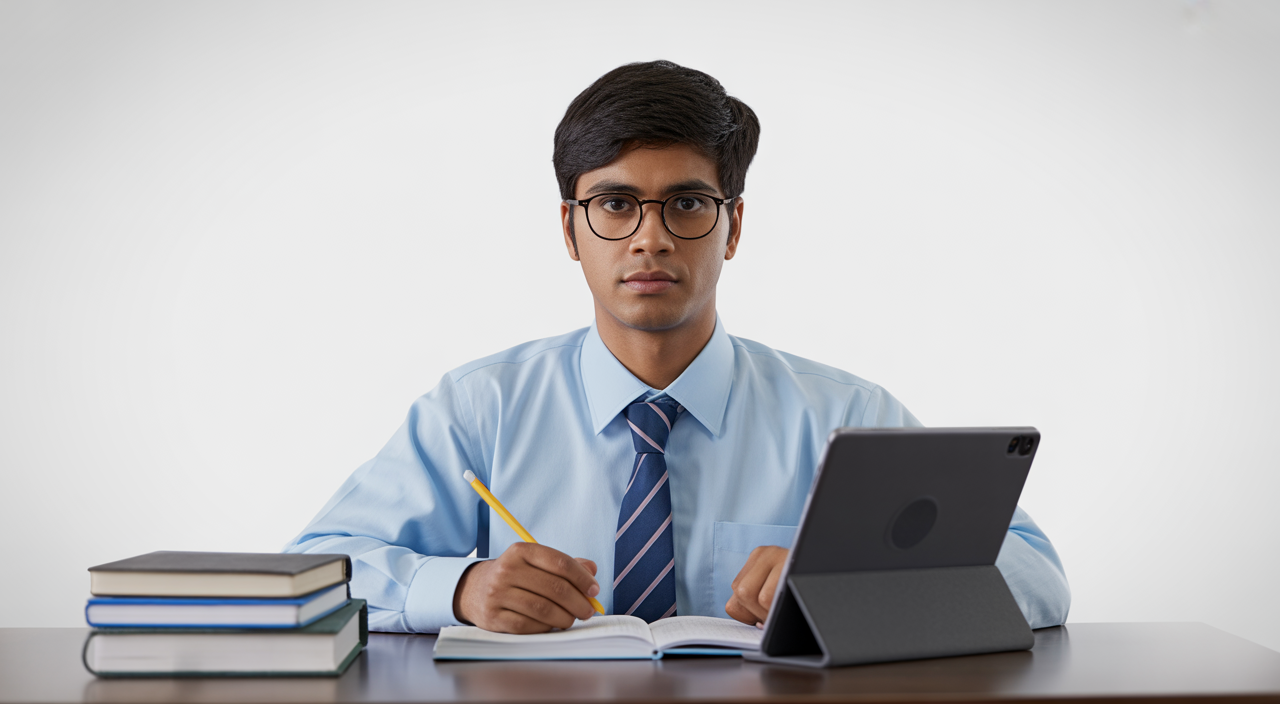 Indian student focused on preparation for SAT and ACT exams with study materials and digital tablet in a bright studio setting