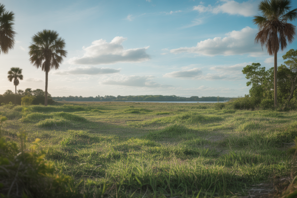 Scenic Florida land plot with greenery and palm trees under clear sky for investment