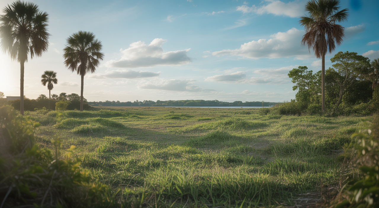 Scenic Florida land plot with greenery and palm trees under clear sky for investment
