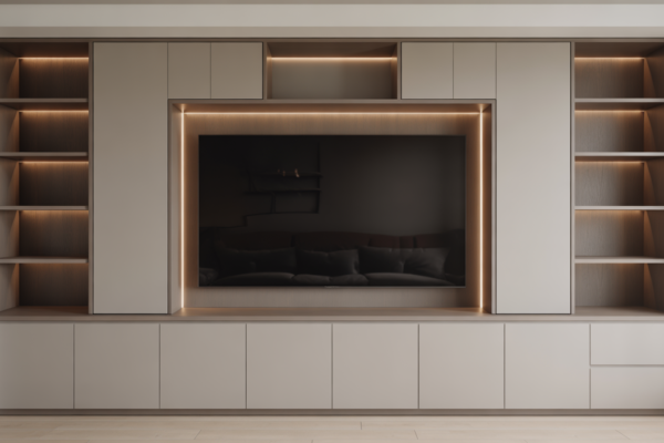 Photorealistic image of a bespoke media wall with integrated TV and LED lighting in a modern living room, showcasing custom built-in cabinetry and elegant design in neutral tones