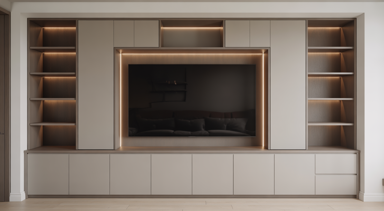 Photorealistic image of a bespoke media wall with integrated TV and LED lighting in a modern living room, showcasing custom built-in cabinetry and elegant design in neutral tones
