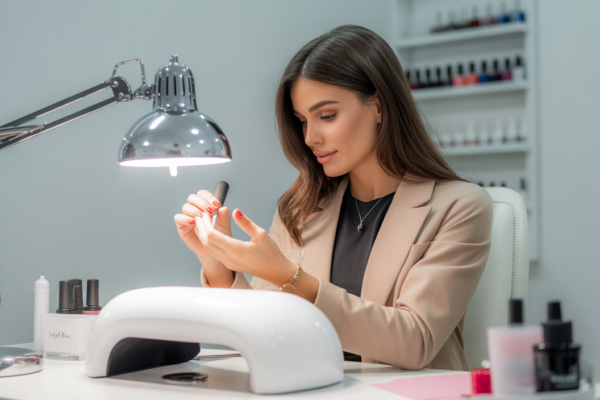 Photorealistic image of a woman receiving a professional manicure in a modern nail salon with clean white background
