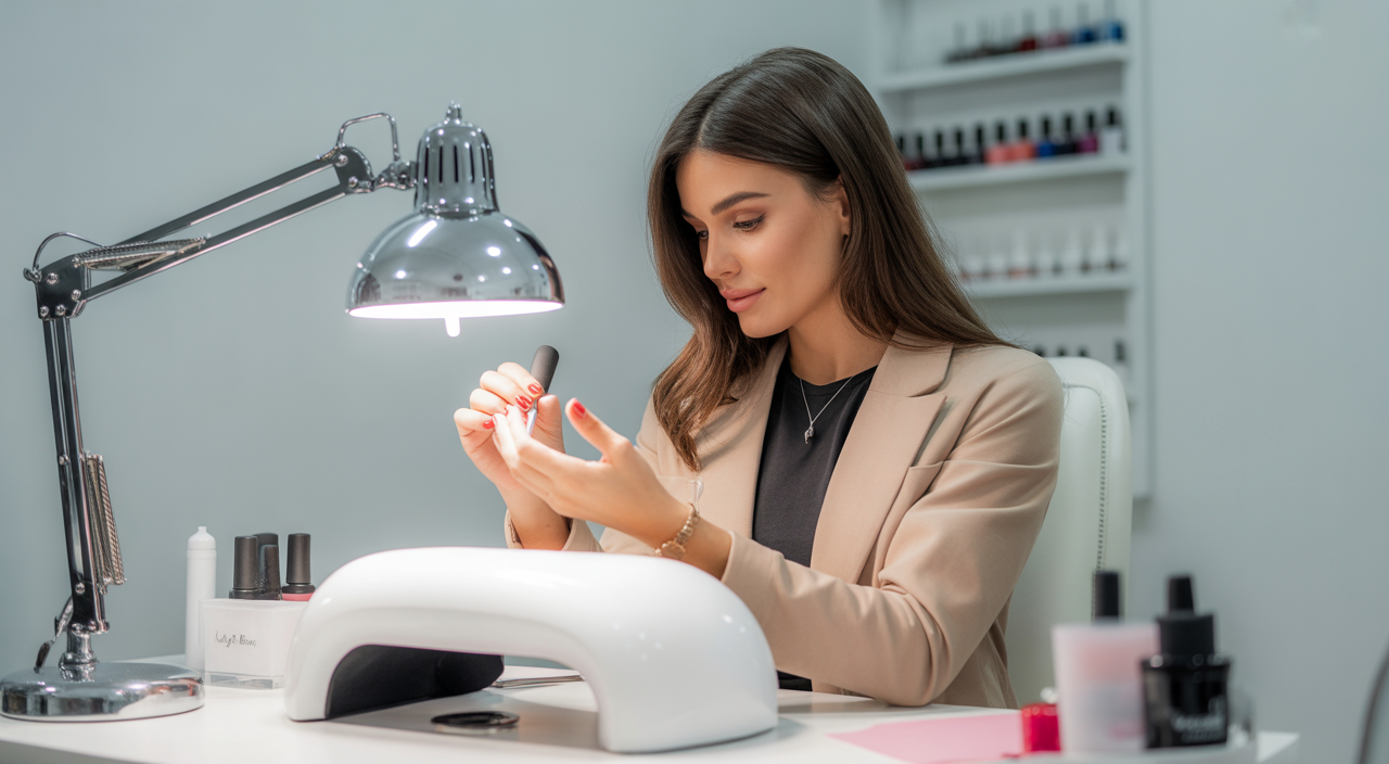 Photorealistic image of a woman receiving a professional manicure in a modern nail salon with clean white background
