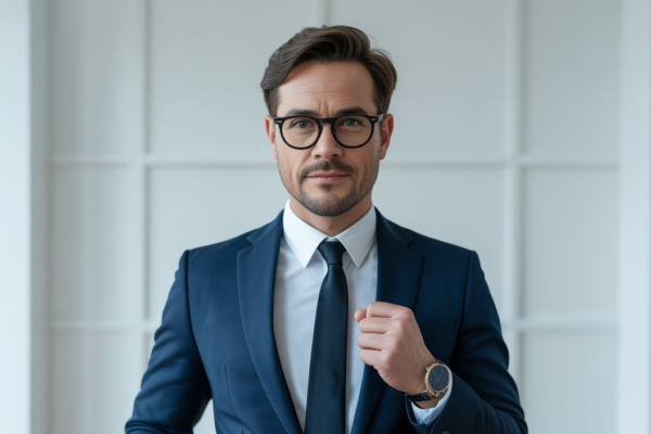 Confident entrepreneur in professional attire against a clean white background representing personal branding for entrepreneurs