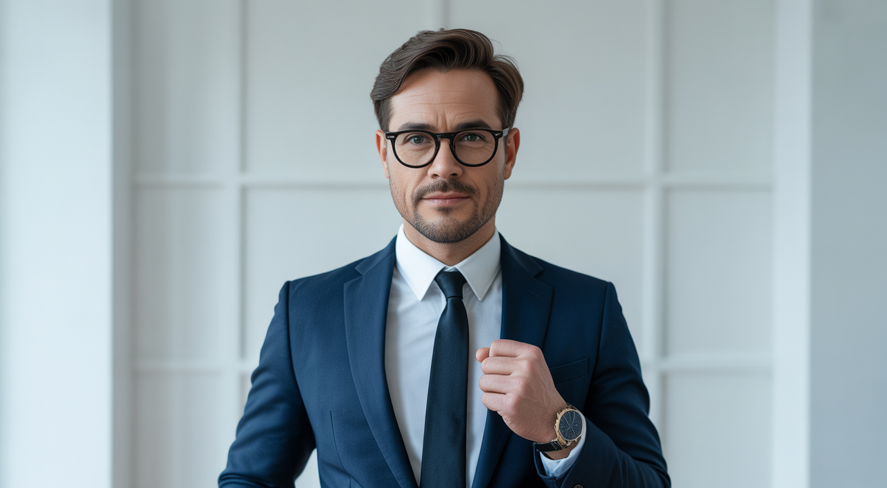 Confident entrepreneur in professional attire against a clean white background representing personal branding for entrepreneurs
