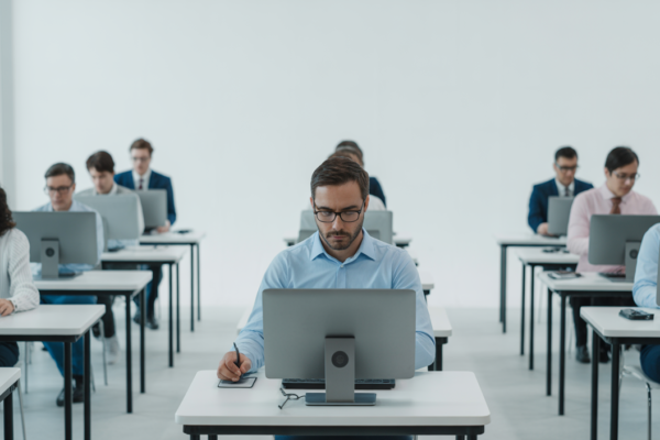 Hero image of a modern test center equipped for remote exam proctoring with candidates taking tests on computers