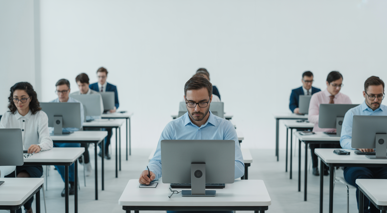 Hero image of a modern test center equipped for remote exam proctoring with candidates taking tests on computers
