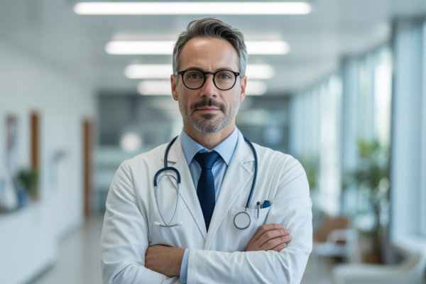 Photorealistic image of a primary care doctor in a white coat with stethoscope in a modern clinical setting with a white background
