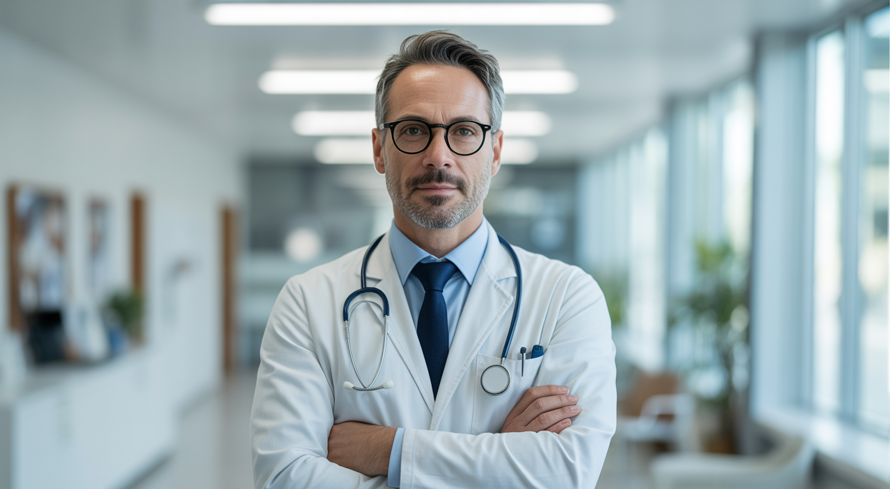 Photorealistic image of a primary care doctor in a white coat with stethoscope in a modern clinical setting with a white background
