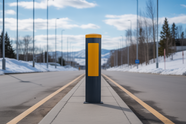 Flexible sign post bollards in a Canadian parking lot with snow and bright lighting, showcasing safety and durability