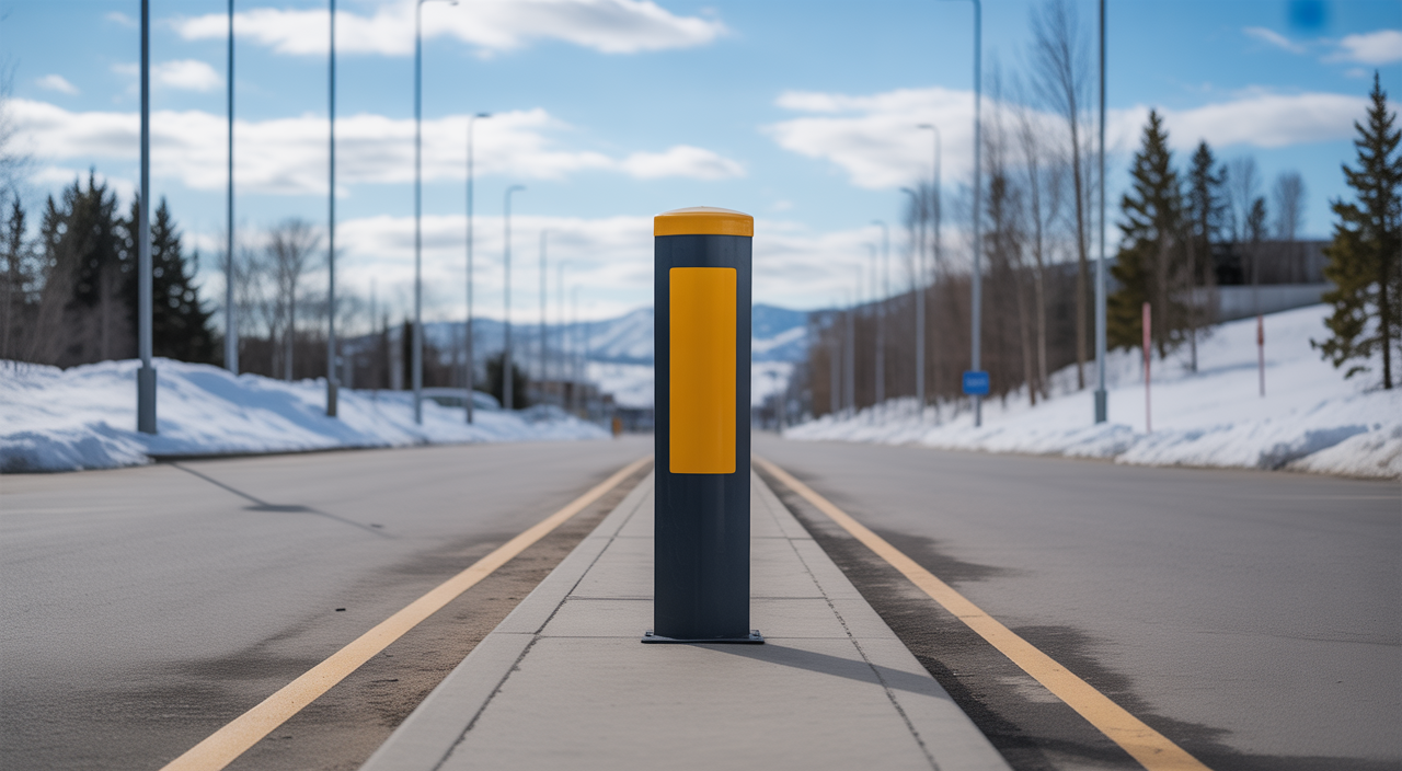 Flexible sign post bollards in a Canadian parking lot with snow and bright lighting, showcasing safety and durability
