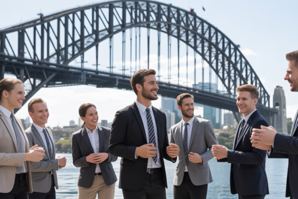 Corporate team participating in an outdoor team building activity near Sydney Harbour with Sydney Harbour Bridge in the background