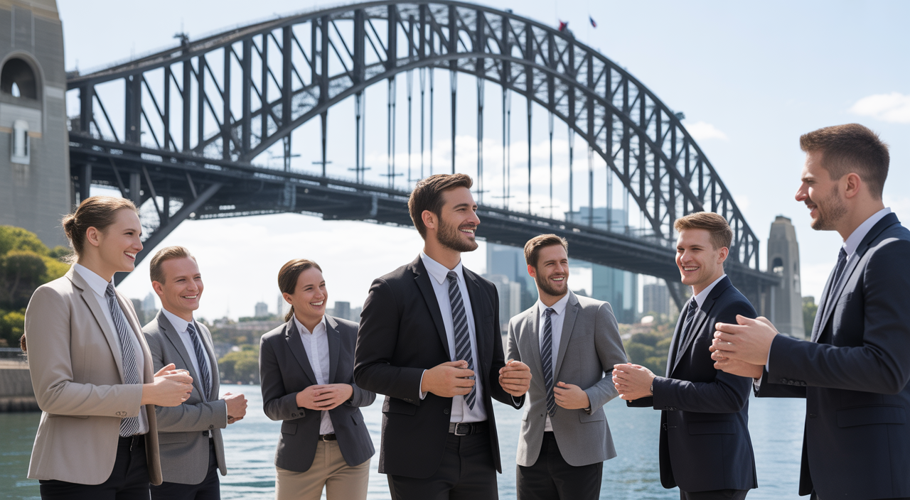 Corporate team participating in an outdoor team building activity near Sydney Harbour with Sydney Harbour Bridge in the background