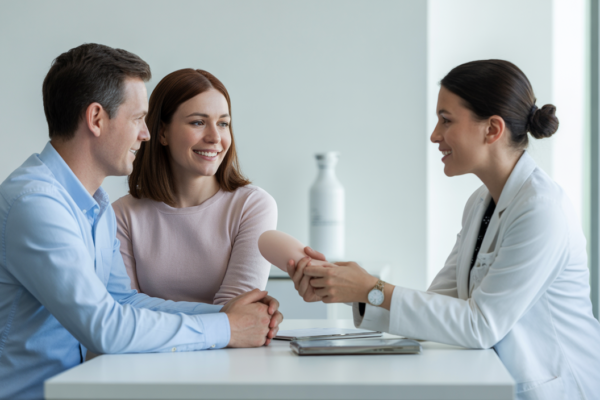Photorealistic image of a fertility specialist consulting an intended parent couple about egg donor matching in a modern medical office