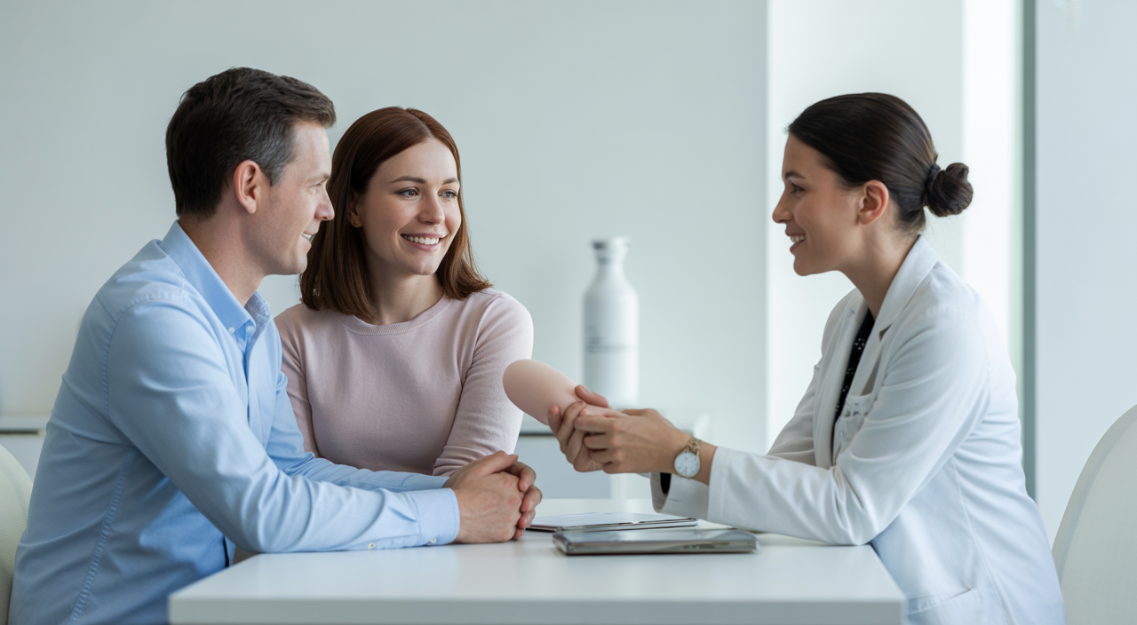 Photorealistic image of a fertility specialist consulting an intended parent couple about egg donor matching in a modern medical office