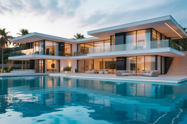 Luxury modern waterfront villa with contemporary architecture, shown in professional high-resolution photography on a neutral background