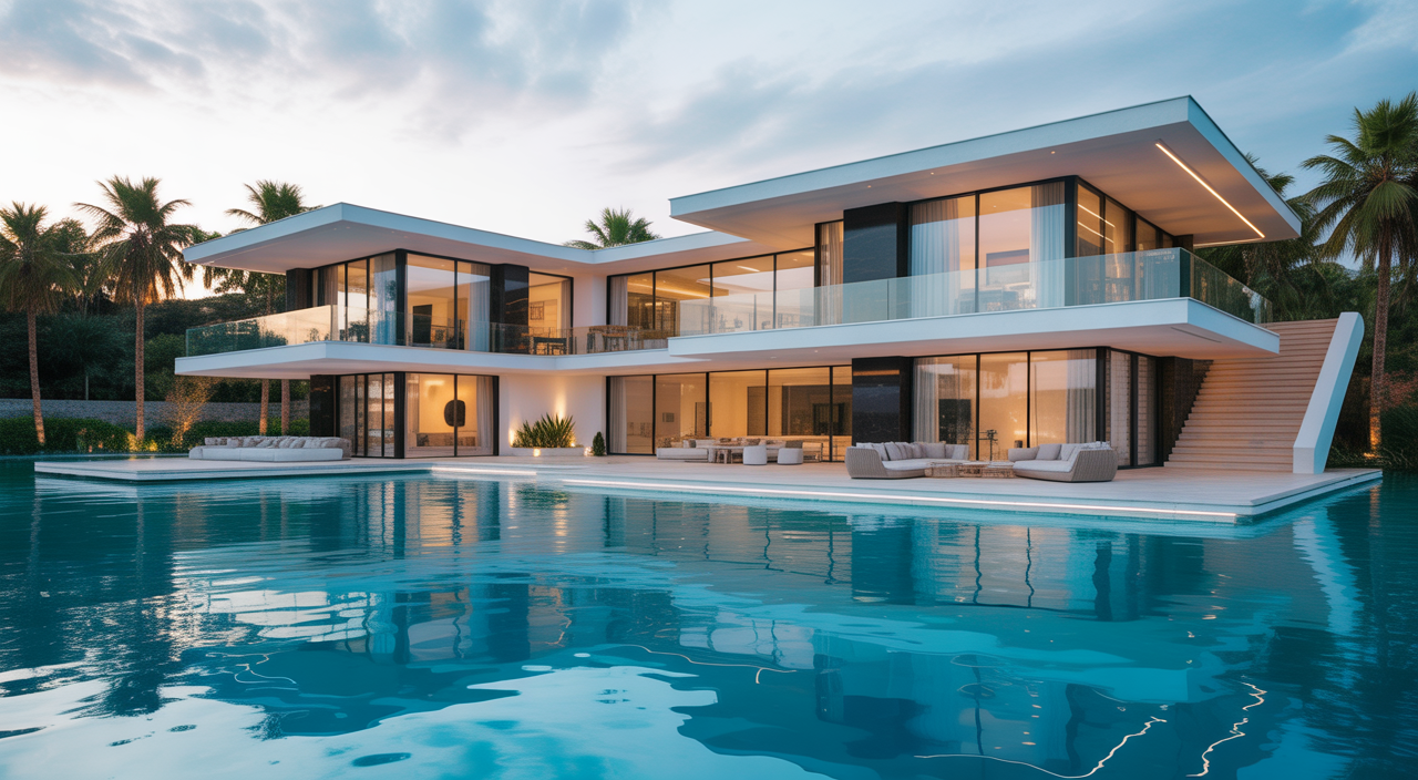 Luxury modern waterfront villa with contemporary architecture, shown in professional high-resolution photography on a neutral background