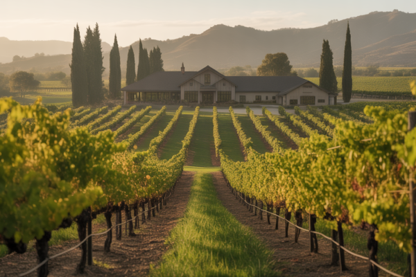 Photorealistic image of a picturesque Napa Valley family-owned winery vineyard with sunlit grapevines and a rustic estate building