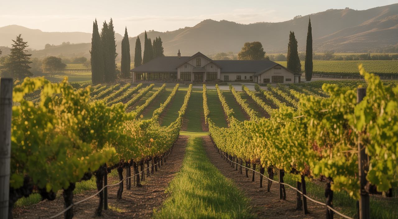 Photorealistic image of a picturesque Napa Valley family-owned winery vineyard with sunlit grapevines and a rustic estate building