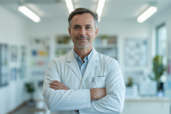 Photorealistic image of a confident fertility specialist doctor in a modern clinic setting with a clean white background