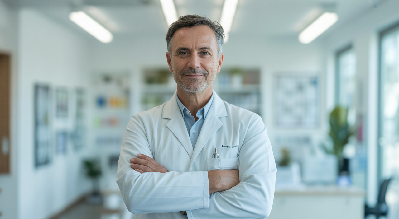 Photorealistic image of a confident fertility specialist doctor in a modern clinic setting with a clean white background